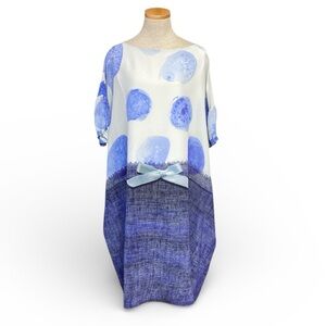 ANTONI & ALISON Signed Silk Dress Blue White  Print Bow Dots Oversize UK 8 US 4